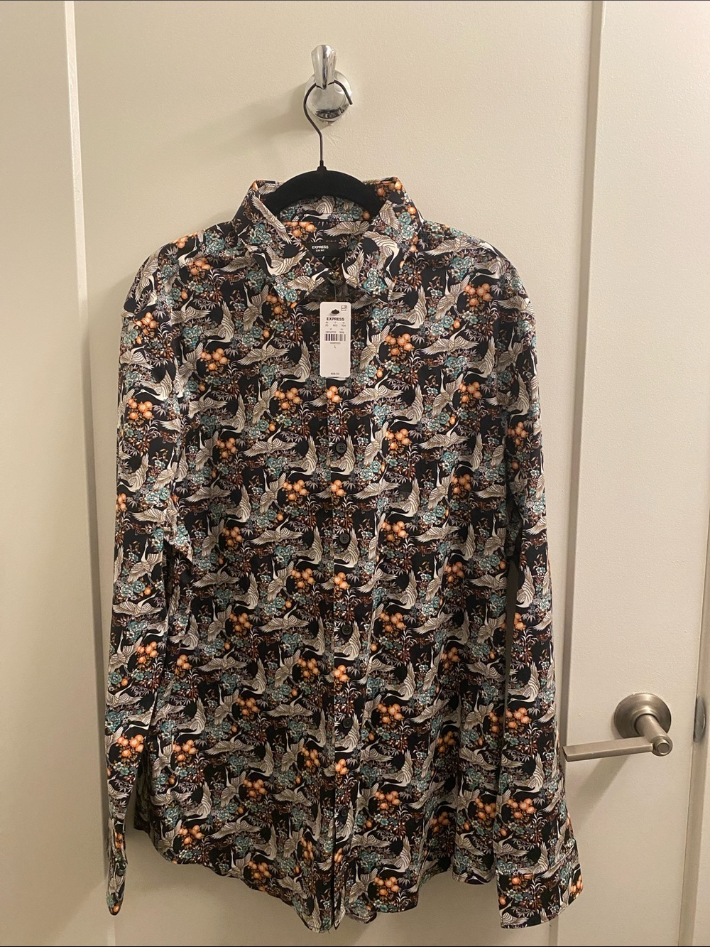 Express Men's Black Button-Down Shirt with Multicolor Floral and Teal Accents